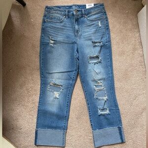 Style & Co Women's Distressed Ripped Crop Straight Cuffed Blue Jeans